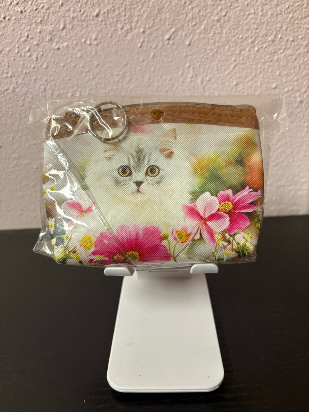 Cute Floral Kitten Coin Purse Mini Zip Pouch Keychain New